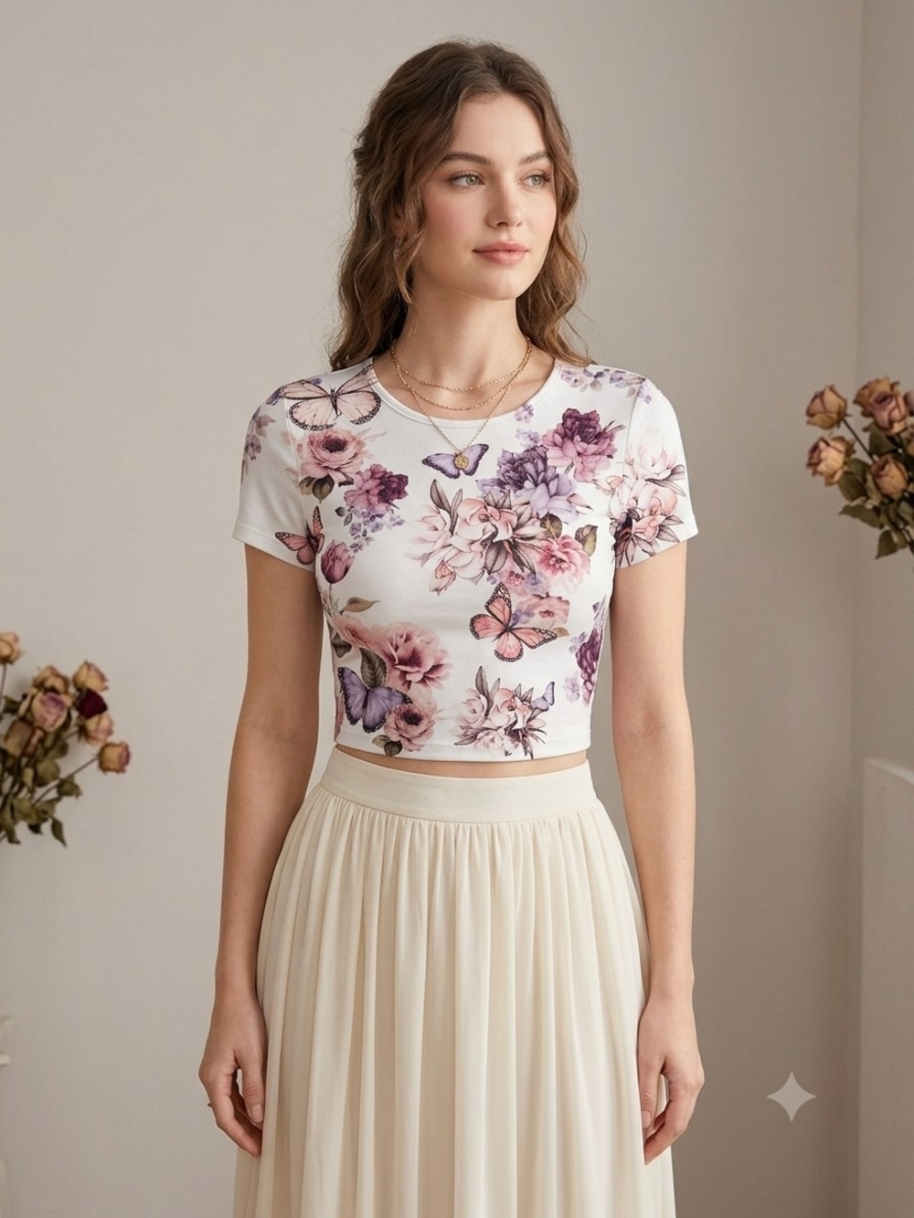 Live In The Moment Cute Romantic Floral Butterfly Crop Top Tee XL